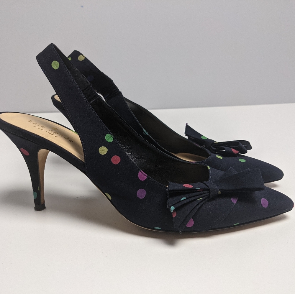 Kate Spade Polka Dot Bow Heels Strap Back Pointed Toe 7.5